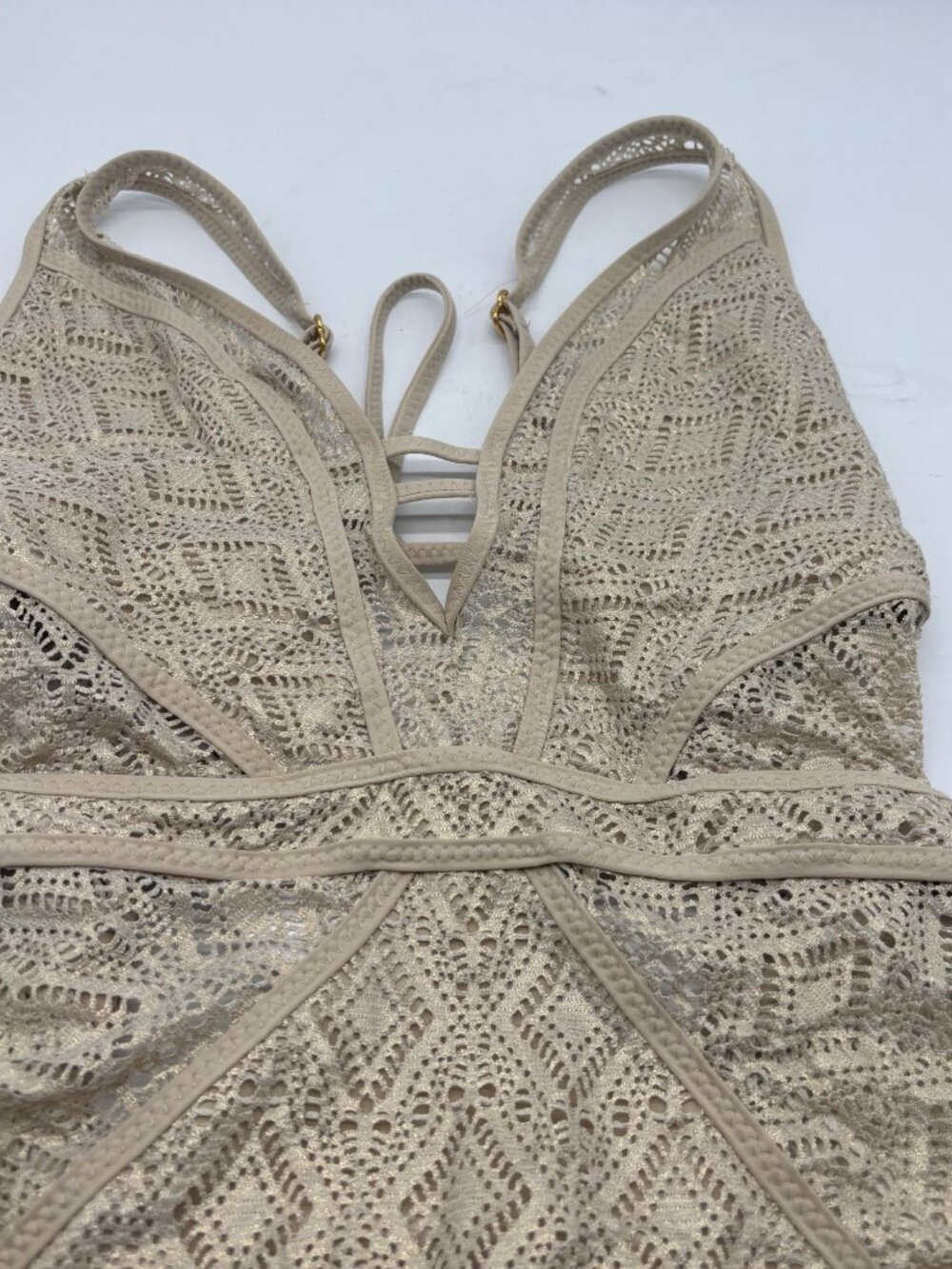 Becca Color Play Crochet Plunge One-Piece Swimsuit, Gold, M-NO REMOVABLE CUPS - Picture 12 of 15